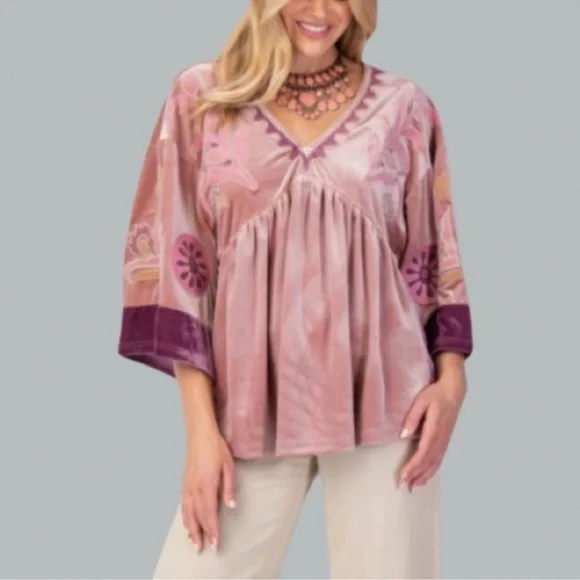 NEW EMBO DETAILING VELVET BABYDOLL BOHO RELAXED SILHOUETTE BLOUSE - Picture 3 of 7